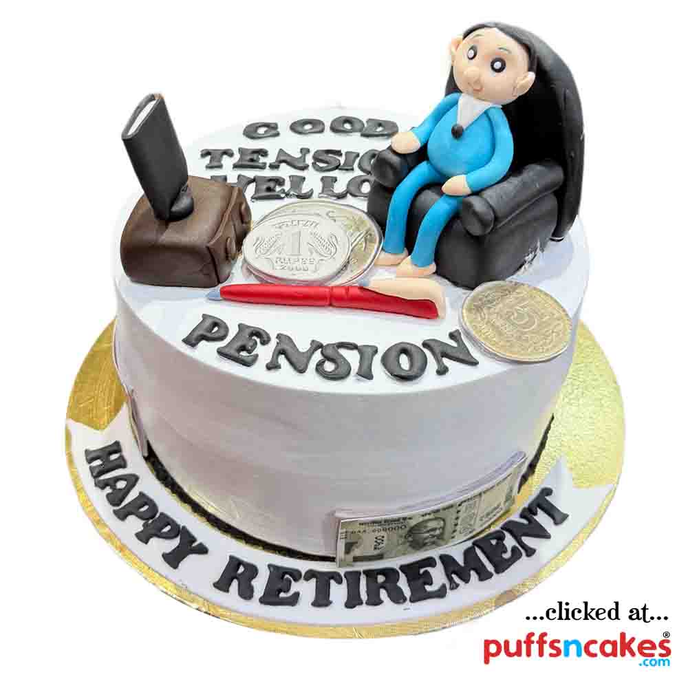(2523) Goodbye Tension Hello Pension Retirement Theme Semi Fondant Cake